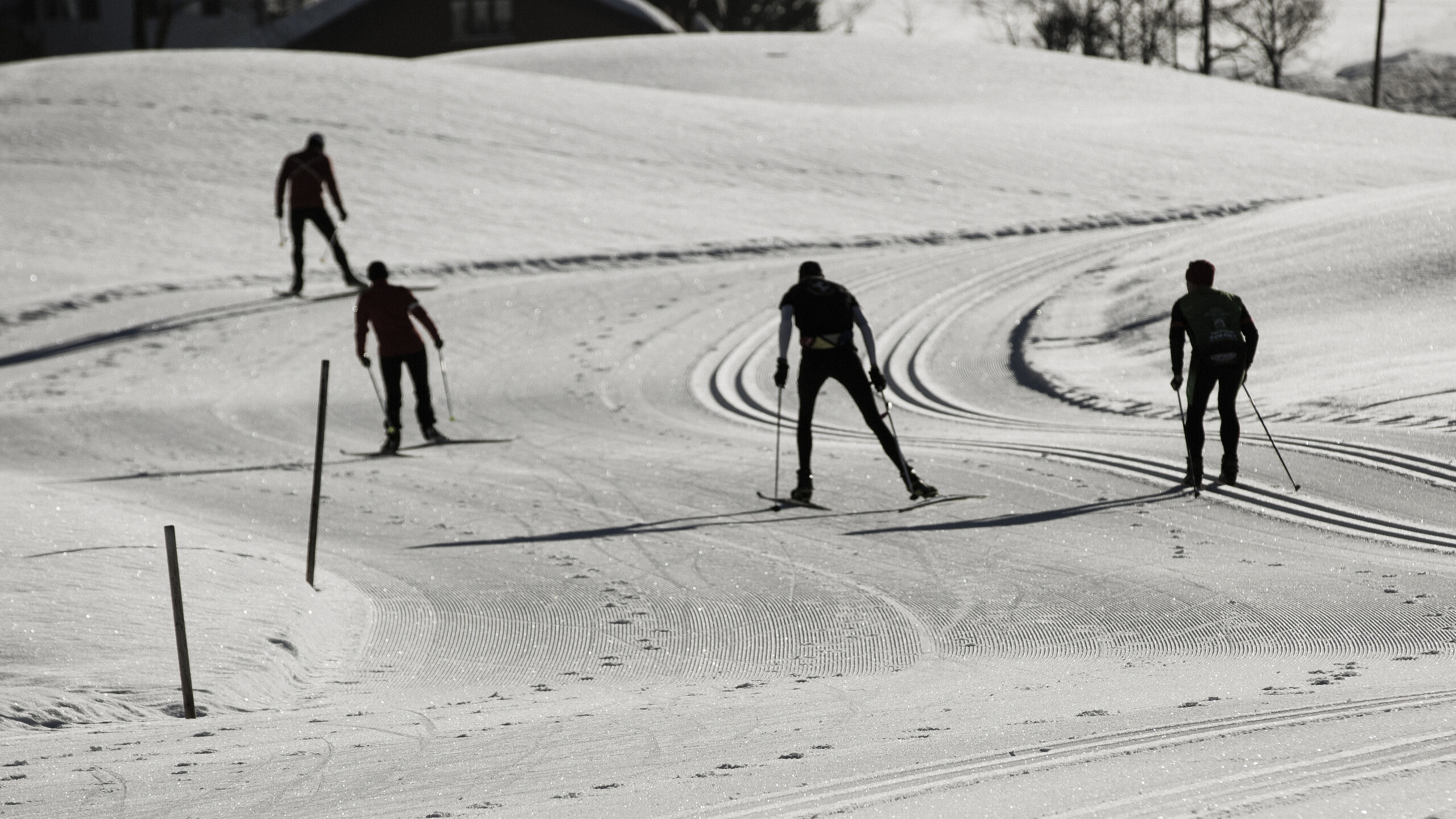 Vier Skifahrer auf der Piste im Allgäu - Skihotel Allgäu HUBERTUS